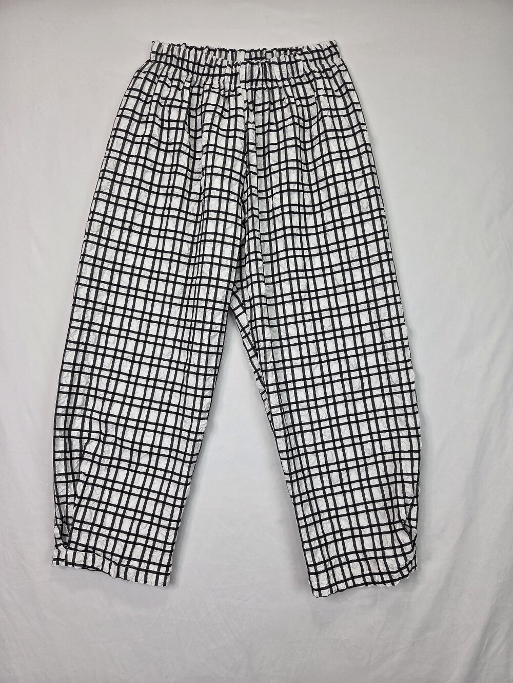 Heydari Textured Crinkle Grid Pull-On Pants Black White Made in USA Small